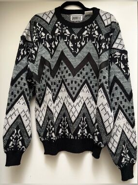 Gabrielle Knitted Crewneck Sweater-Genuine Leather Trim Unisex XL Vintage 1990s